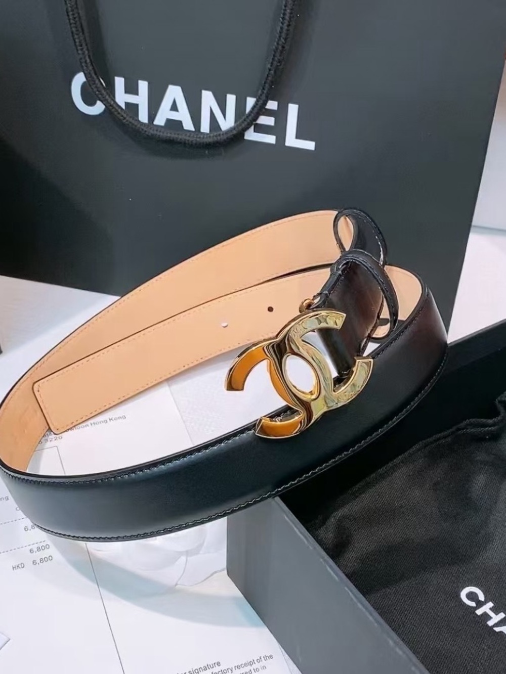 CHANEL Black Leather Belt with Gold Buckle